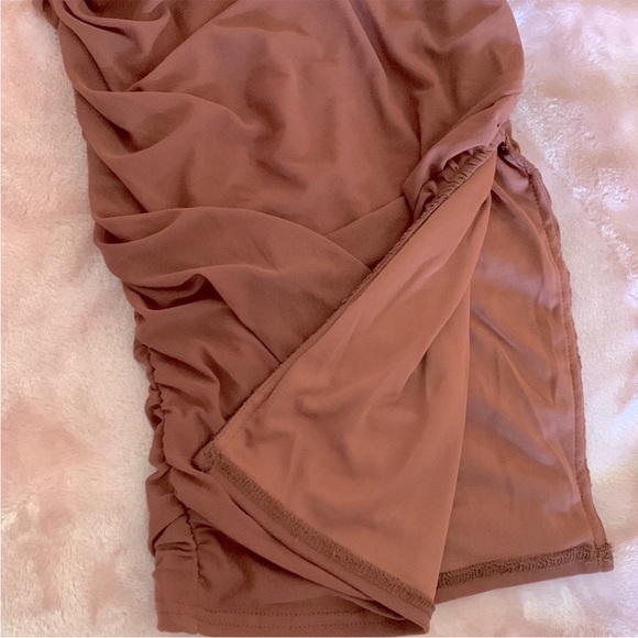 Windsor Off-Shoulder Ruched Mini Dress in Brown - Picture 2 of 3